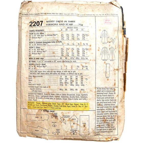 Vintage 1960s McCalls 2207 Sewing Pattern Size Lg 16 A Line Mini Dress & Scarves - Picture 3 of 3